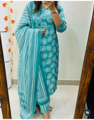 Turquoise Blue Pure Cotton Printed Suit Set for Women | 3-Piece Kurta Pant Dupatta | Floral Printed Kurta & Cotton Dupatta | Daily & Office Wear