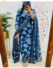 Premium 60×60 Cotton Embroidered Suit Set for Women | 3-Piece Kurta, Pant & Dupatta | Navy Blue Printed Casual & Festive Wear