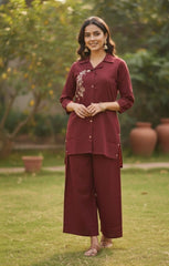 Maroon Asymmetric Cotton Flex Co-ord Set with Embroidery | Designer Button-Down Kurta & Palazzo Pant for Women