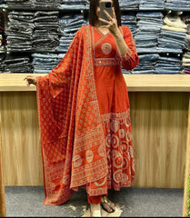 Orange Mul Cotton Ethnic Printed Pant Set with Dupatta – Embroidered Festive Kurti for Women