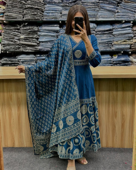 Blue Pure Mul Cotton Printed Anarkali Pant Set with Dupatta – Ethnic SUQENS Work Dress for Women
