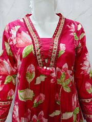 Pink Lotus Print Alia Cut Cotton Suit Set with Sequence Work | Premium 60×60 Cotton Kurti Pant Dupatta Set