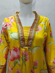 Yellow Floral Lotus Print Alia Cut Cotton Suit Set with Sequins Work | Kurti Pant Dupatta | Premium 60×60 Cotton