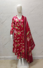 Pink Lotus Print Alia Cut Cotton Suit Set with Sequence Work | Premium 60×60 Cotton Kurti Pant Dupatta Set