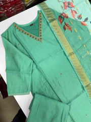 Mint Green Chandri Silk Embroidered Kurti Pant Dupatta Set