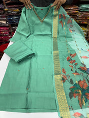 Mint Green Chandri Silk Embroidered Kurti Pant Dupatta Set