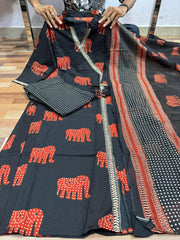 Black Cotton Elephant Print Kurta Pant Dupatta Set – Handwork Suit for Women | 60×60 Pure Cotton