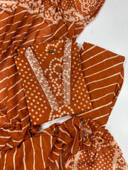 Rust Orange Bandhej Cotton Salwar Kameez with Leheriya Bottoms | Festive Cotton Suit Set with Embroidery