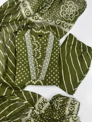 Vibrant Parrot Green Bandhani Cotton Kurta Set with Embroidered Yoke & Leheriya Pants | Summer Ethnic Wear