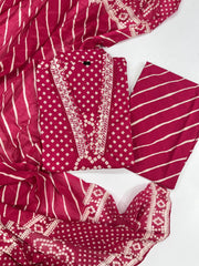 Rani Pink Bandhani Print Cotton Suit with Leheriya Pants | Hot Pink Embroidered Kurta Set for Women