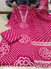 Rani Pink Bandhani Print Cotton Suit with Leheriya Pants | Hot Pink Embroidered Kurta Set for Women