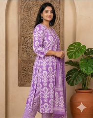 Premium Purple Ikat Printed Cotton Suit Set with Dupatta & Pant | Handwork Kurta | Sizes up to 3XL