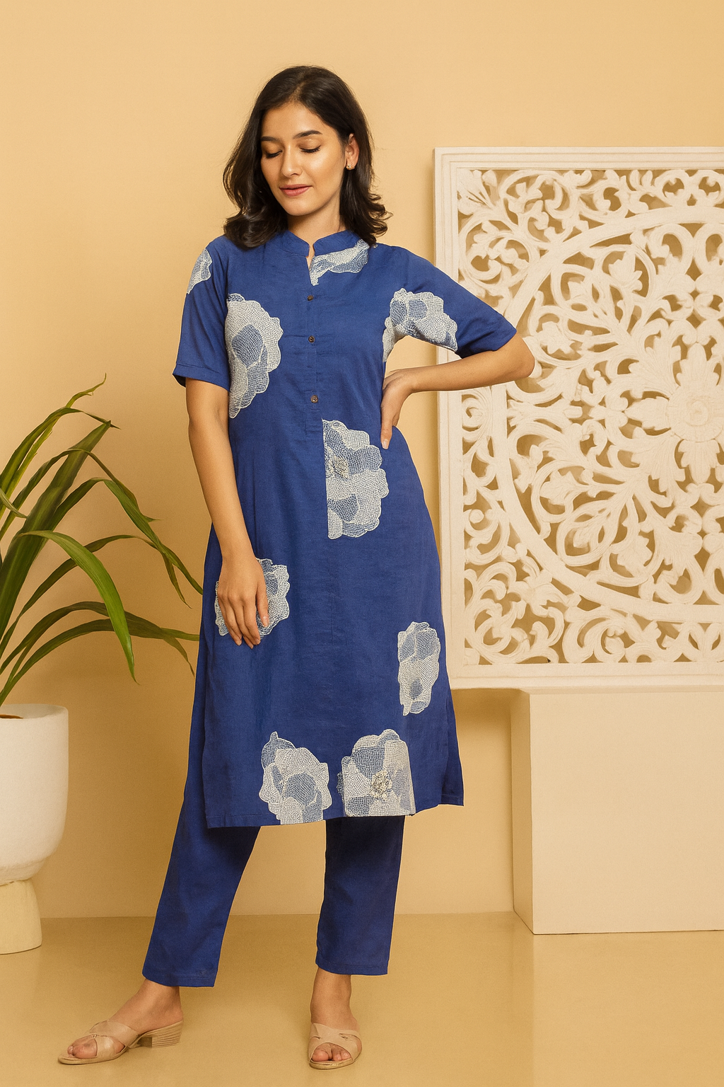 Blue Jaipur Print Cotton 60×60 Coord Set with Embroidery – Premium Mal Cotton Kurti Pant Set