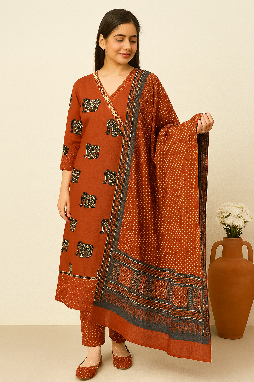 Rust Cotton Elephant Print Kurta Pant Dupatta Set – Handwork Ethnic Suit for Women | 60×60 Pure Cotton