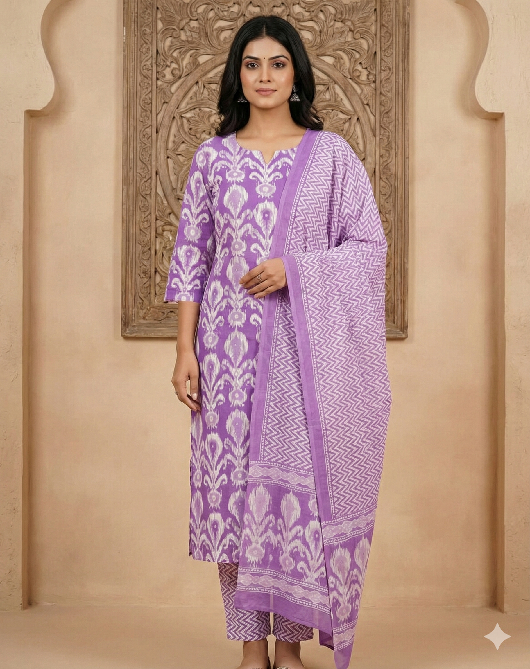 Premium Purple Ikat Printed Cotton Suit Set with Dupatta & Pant | Handwork Kurta | Sizes up to 3XL