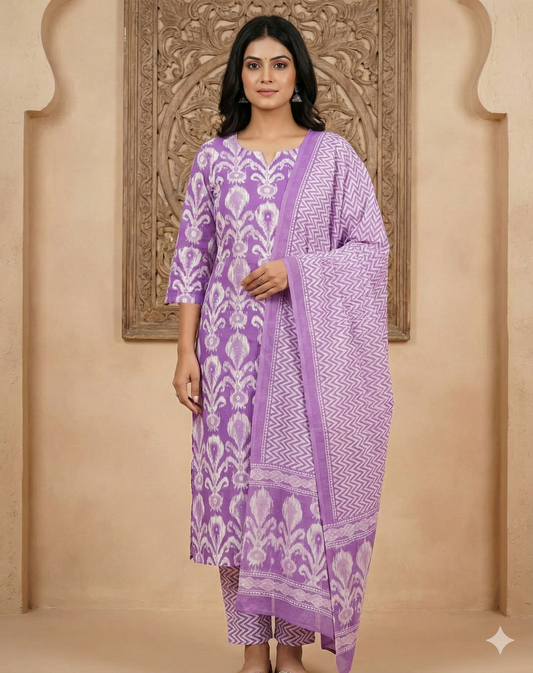 Premium Purple Ikat Printed Cotton Suit Set with Dupatta & Pant | Handwork Kurta | Sizes up to 3XL