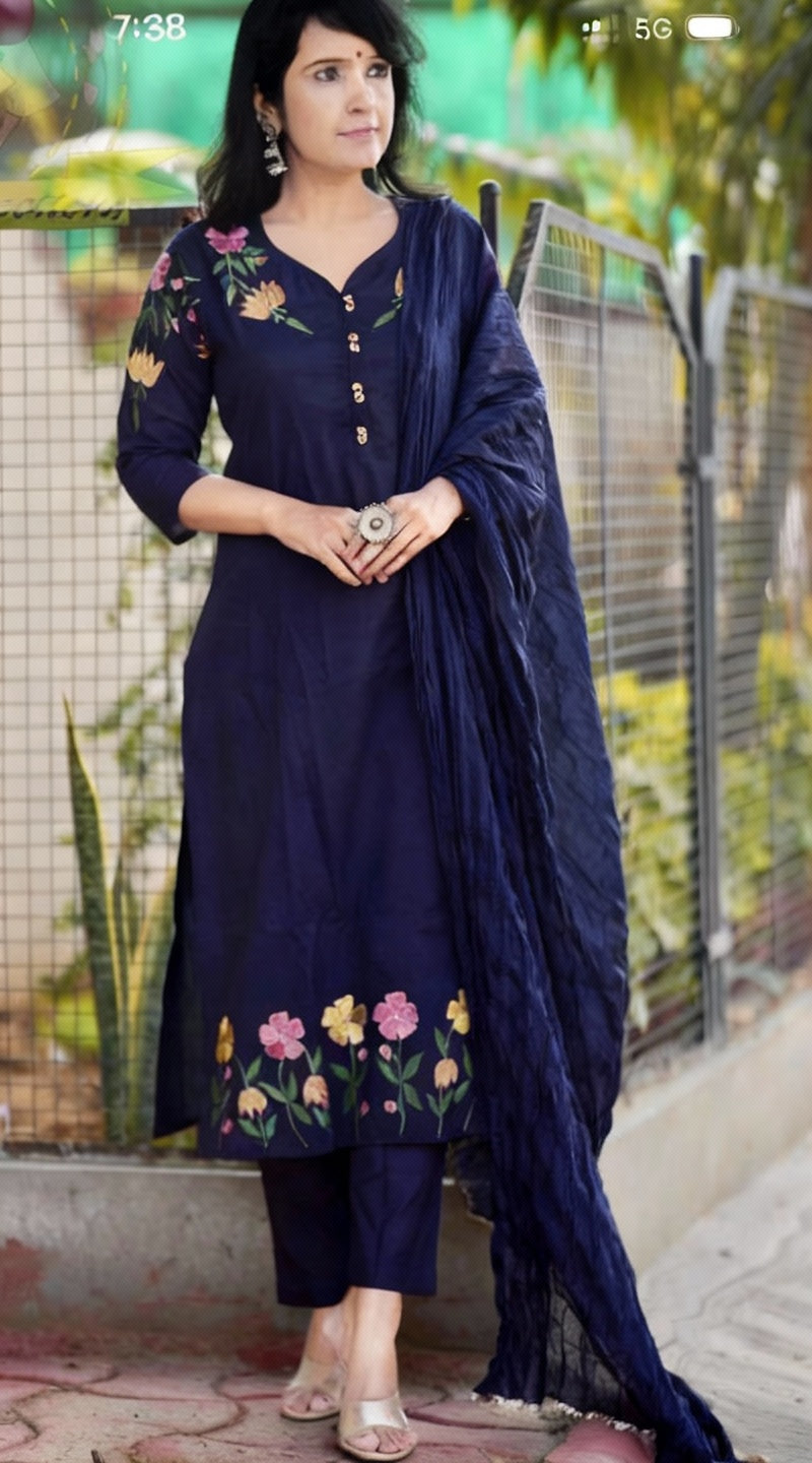 Navy Blue Cotton Embroidered Kurta Pant Set with Malmal Dupatta
