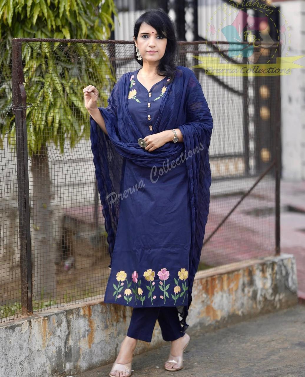 Navy Blue Cotton Embroidered Kurta Pant Set with Malmal Dupatta