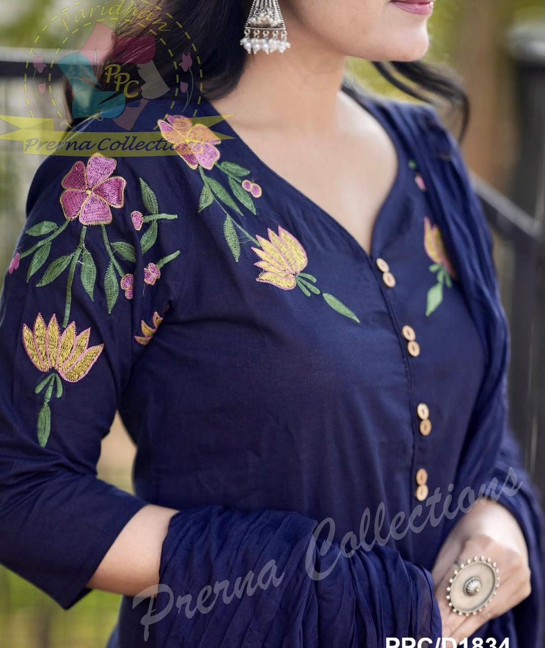 Navy Blue Cotton Embroidered Kurta Pant Set with Malmal Dupatta