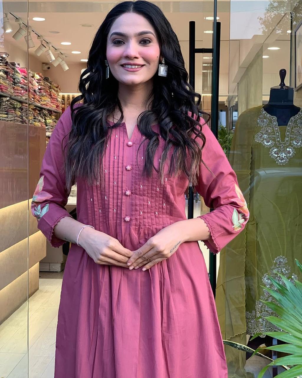 Purple Cotton Embroidered Anarkali Kurta Pant Set with Malmal Dupatta