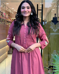 Purple Cotton Embroidered Anarkali Kurta Pant Set with Malmal Dupatta