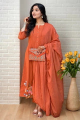 Rust Cotton Embroidered Anarkali Kurta Pant Set with Malmal Dupatta