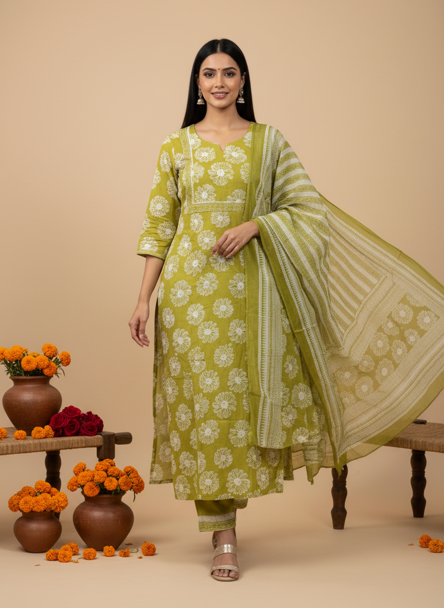 Green Floral Printed Pure Cotton Suit Set
