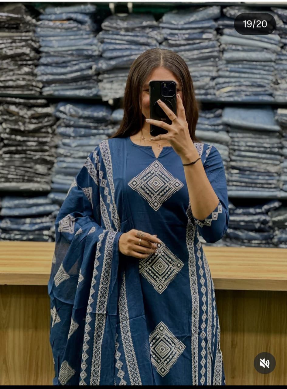 Navy Blue Pure Mul Cotton Printed Kurta Pant Set