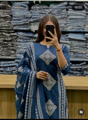 Navy Blue Pure Mul Cotton Printed Kurta Pant Set