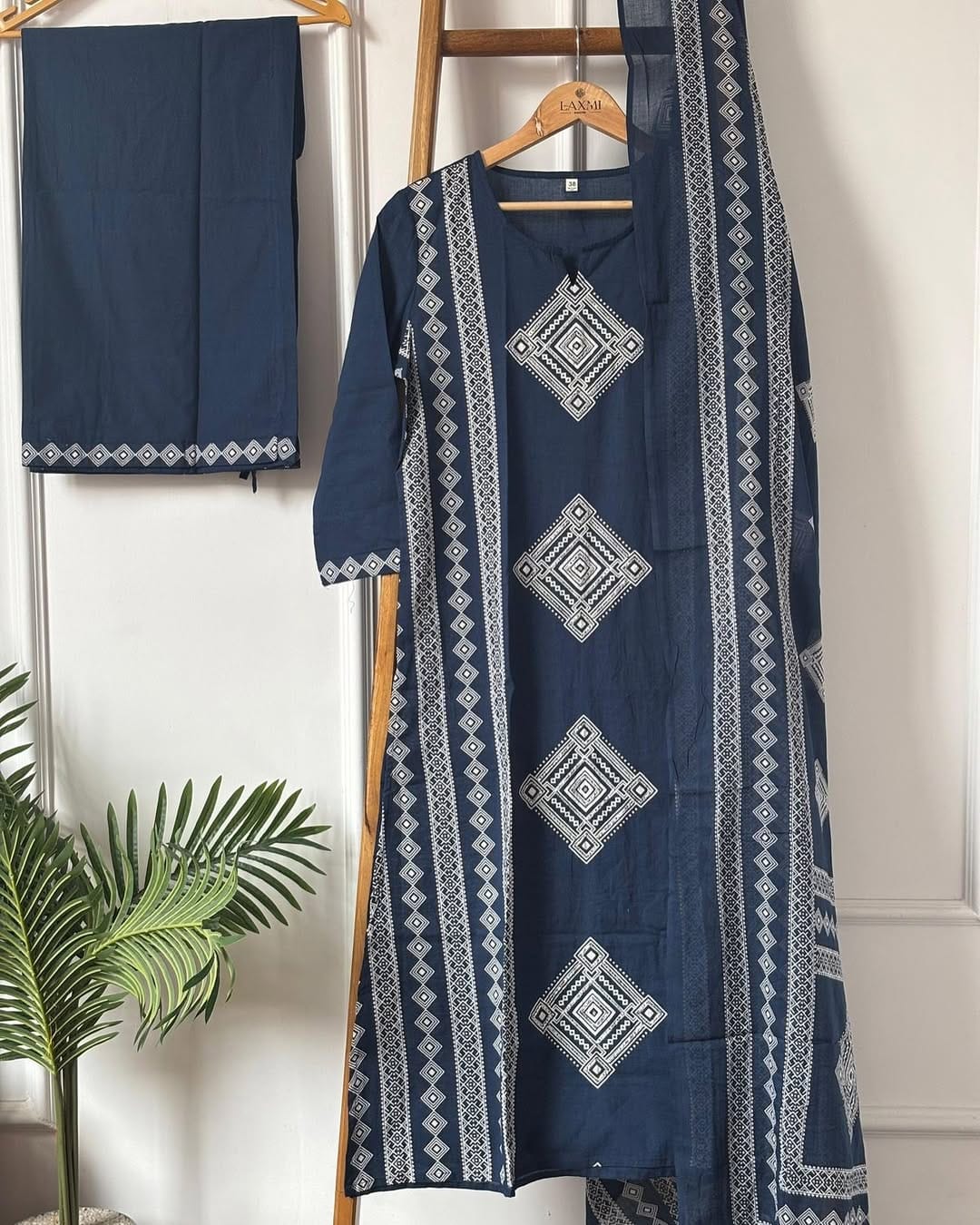 Navy Blue Pure Mul Cotton Printed Kurta Pant Set