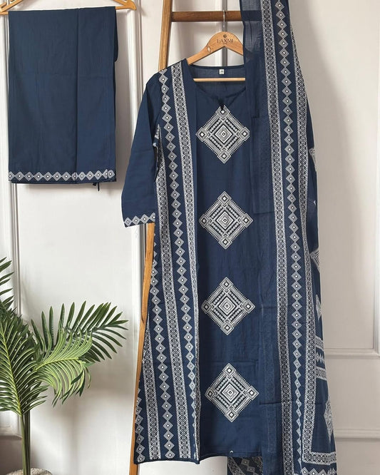 Navy Blue Pure Mul Cotton Printed Kurta Pant Set