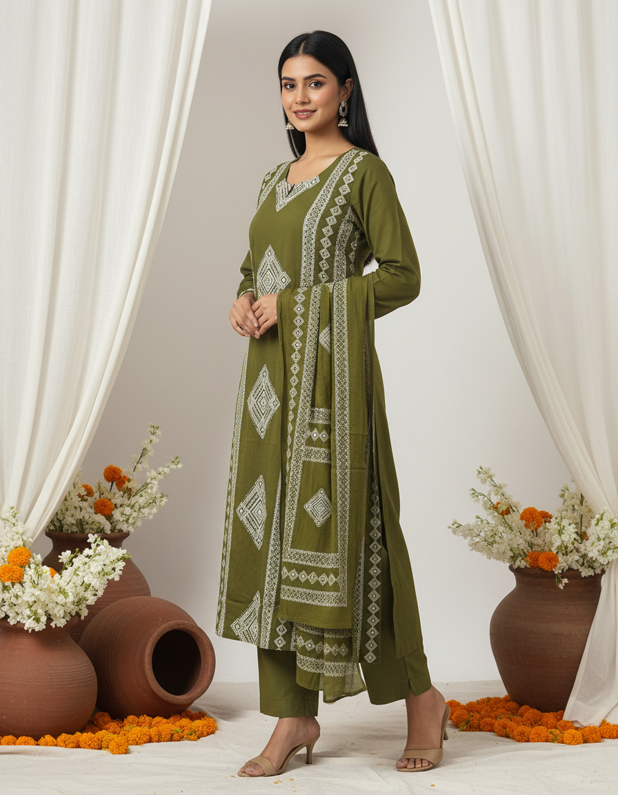 Mehndi Green Printed Pure Mul Cotton Suit Set