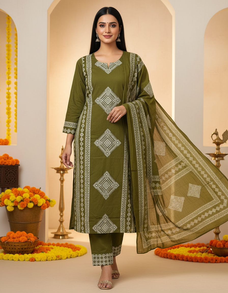 Mehndi Green Printed Pure Mul Cotton Suit Set