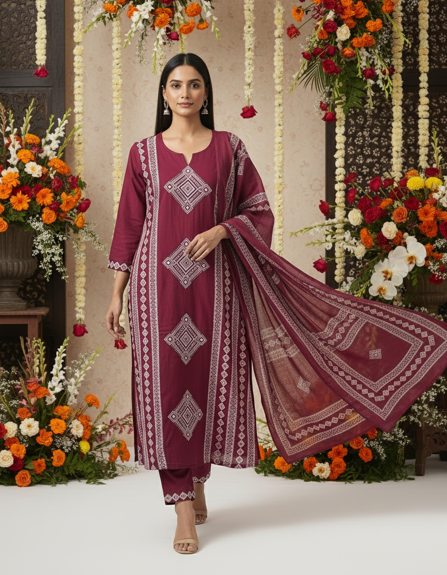 Wine Printed Pure Mul Cotton Suit Set
