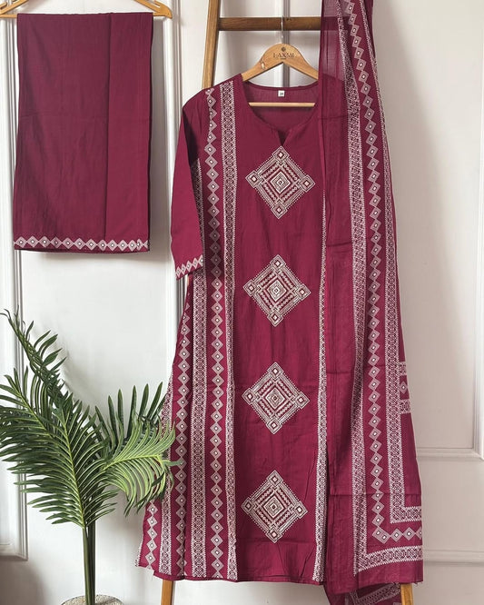 Wine Printed Pure Mul Cotton Suit Set