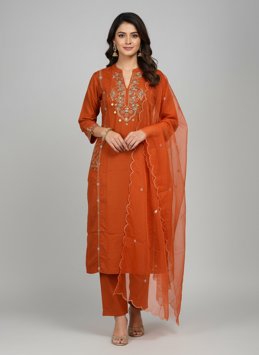 Branded Maroon Abstract Cotton Embroidered Kurta Set