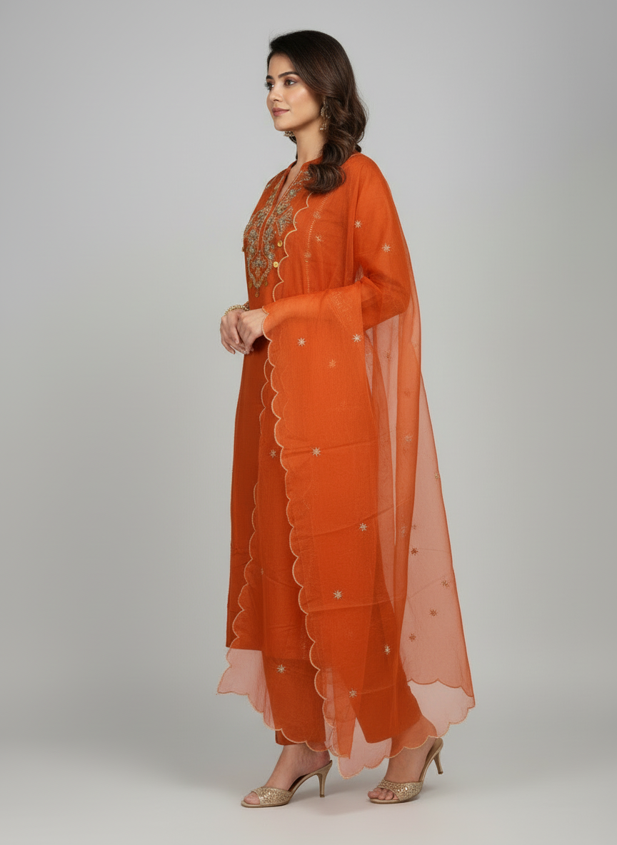 Branded Maroon Abstract Cotton Embroidered Kurta Set