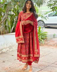 Red Anarkali Cotton Set with Malmal Dupatta