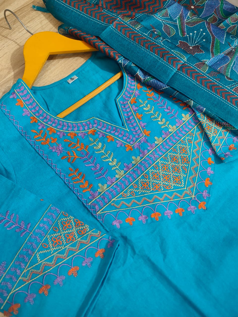 Turquoise Blue Embroidered Cotton Kurta Pant Set with Chanderi Dupatta