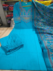 Turquoise Blue Embroidered Cotton Kurta Pant Set with Chanderi Dupatta