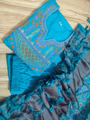 Turquoise Blue Embroidered Cotton Kurta Pant Set with Chanderi Dupatta