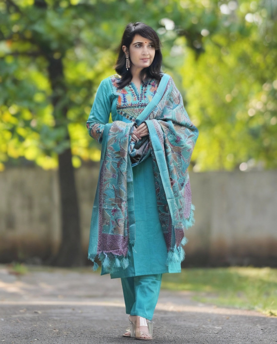 Turquoise Blue Embroidered Cotton Kurta Pant Set with Chanderi Dupatta