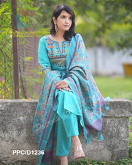 Turquoise Blue Embroidered Cotton Kurta Pant Set with Chanderi Dupatta
