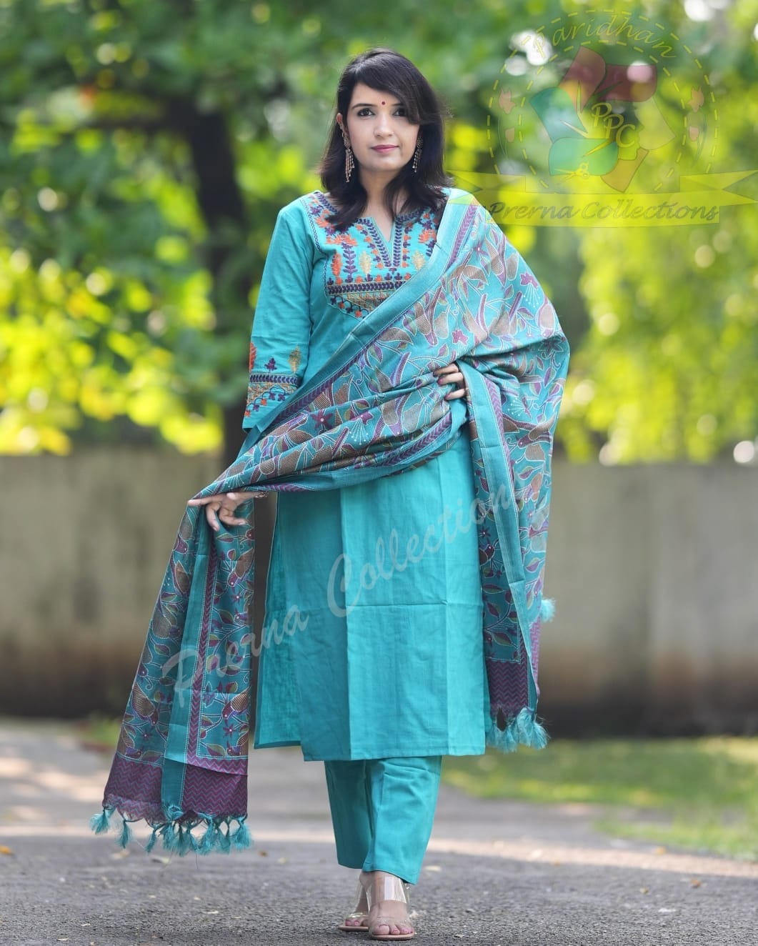 Turquoise Blue Embroidered Cotton Kurta Pant Set with Chanderi Dupatta