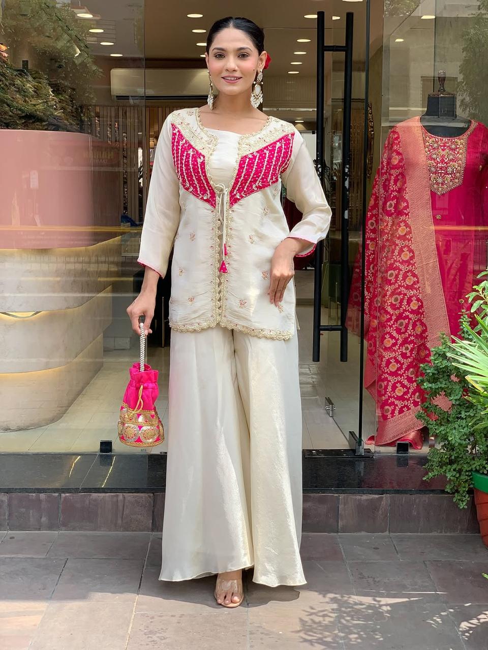 Ivory Chanderi Embroidered Short Kurti With Sharara Set