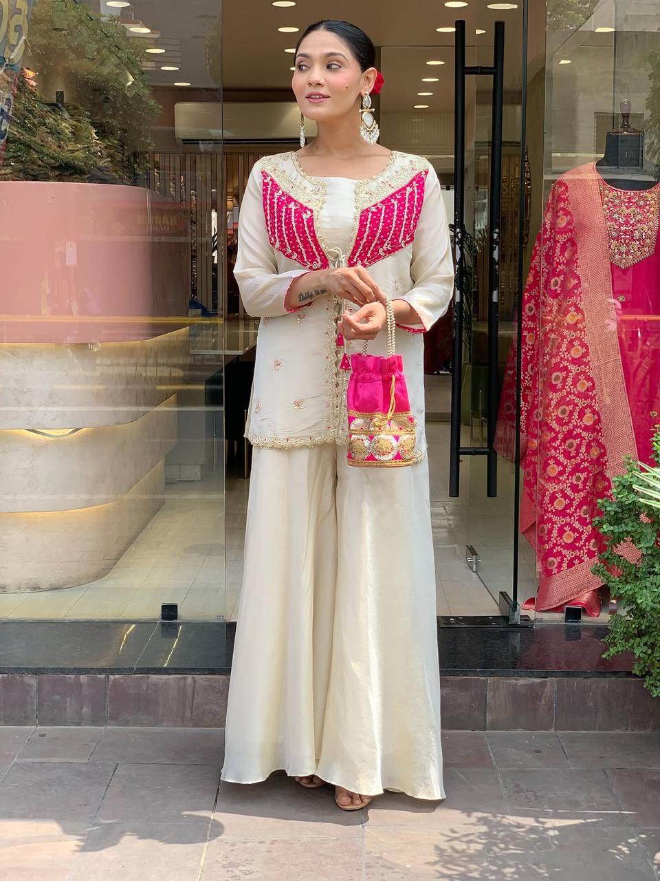 Ivory Chanderi Embroidered Short Kurti With Sharara Set