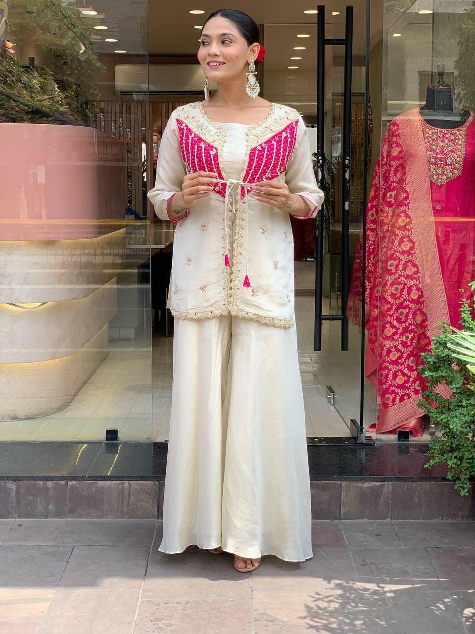 Ivory Chanderi Embroidered Short Kurti With Sharara Set