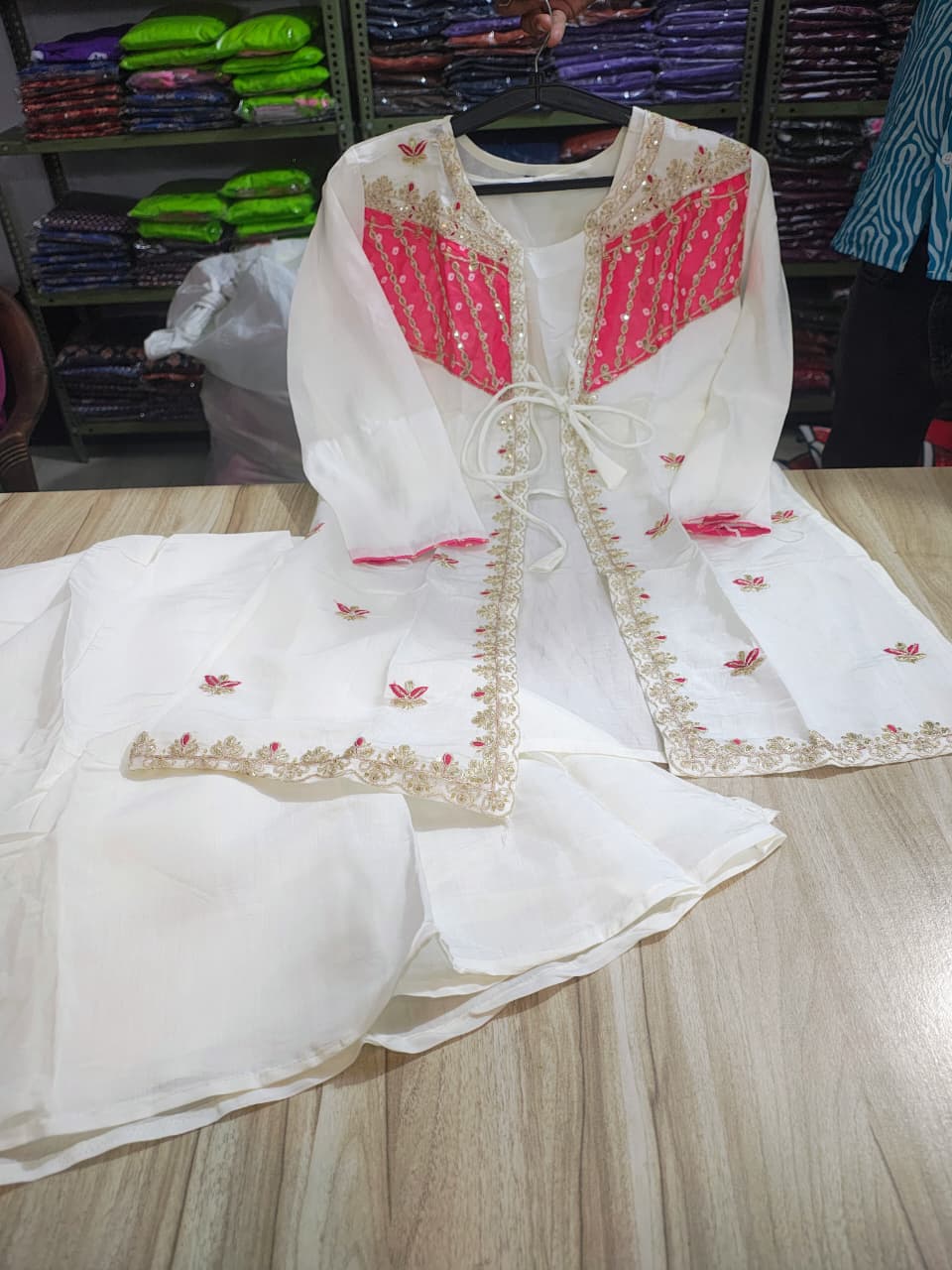Ivory Chanderi Embroidered Short Kurti With Sharara Set