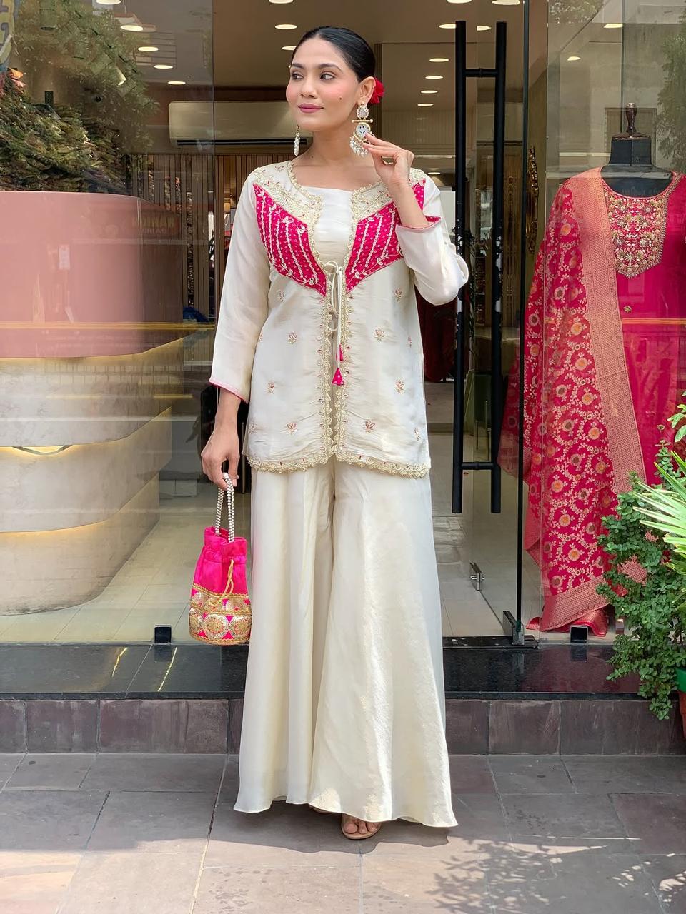Ivory Chanderi Embroidered Short Kurti With Sharara Set
