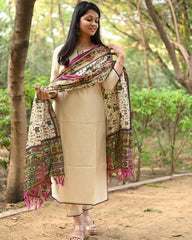 Ivory Cotton Flex Embroidered Kurta Set With Tribal Print Dupatta